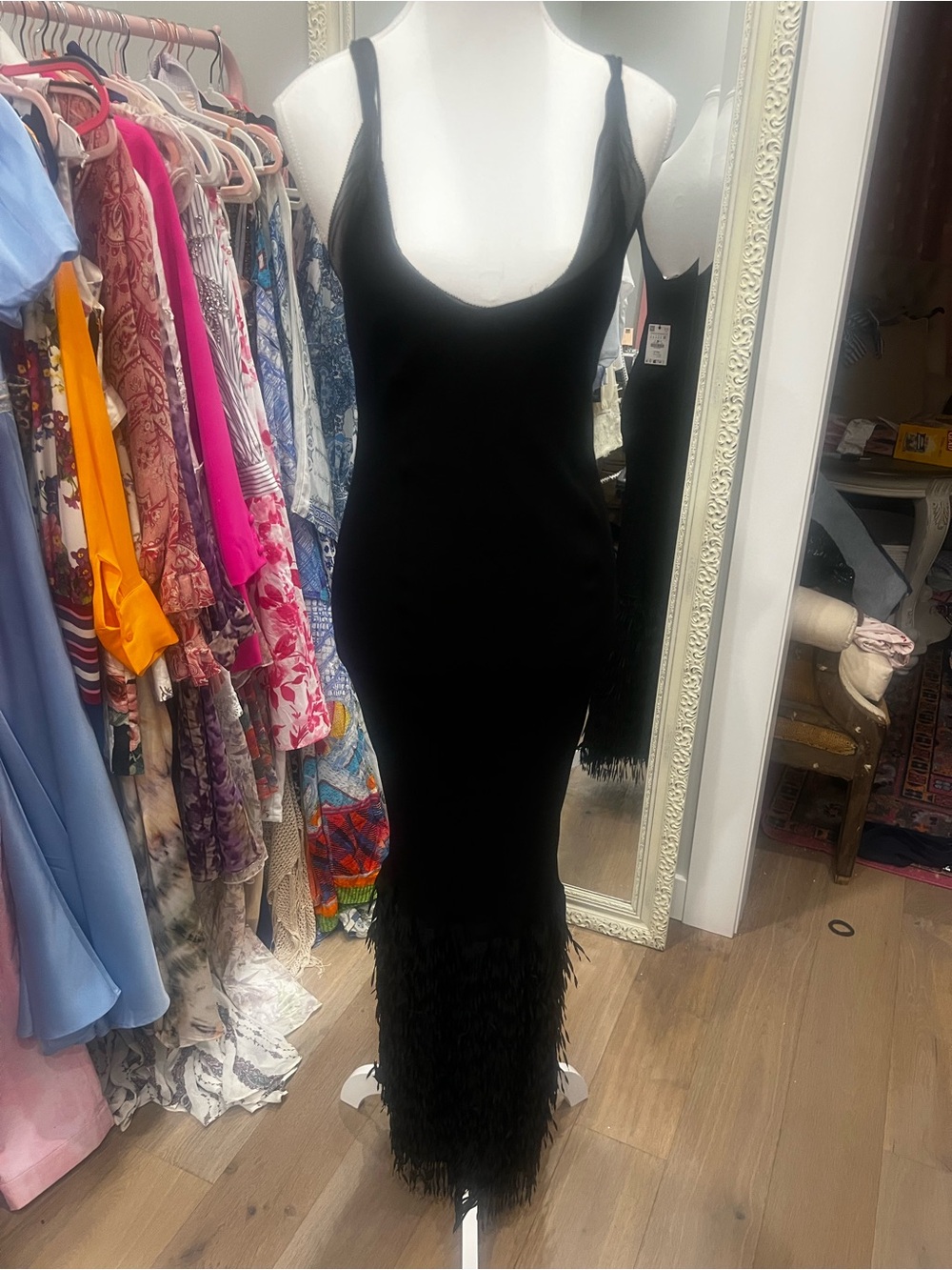 Zara Black Maxi Bodycon Dress with Fringe Hem